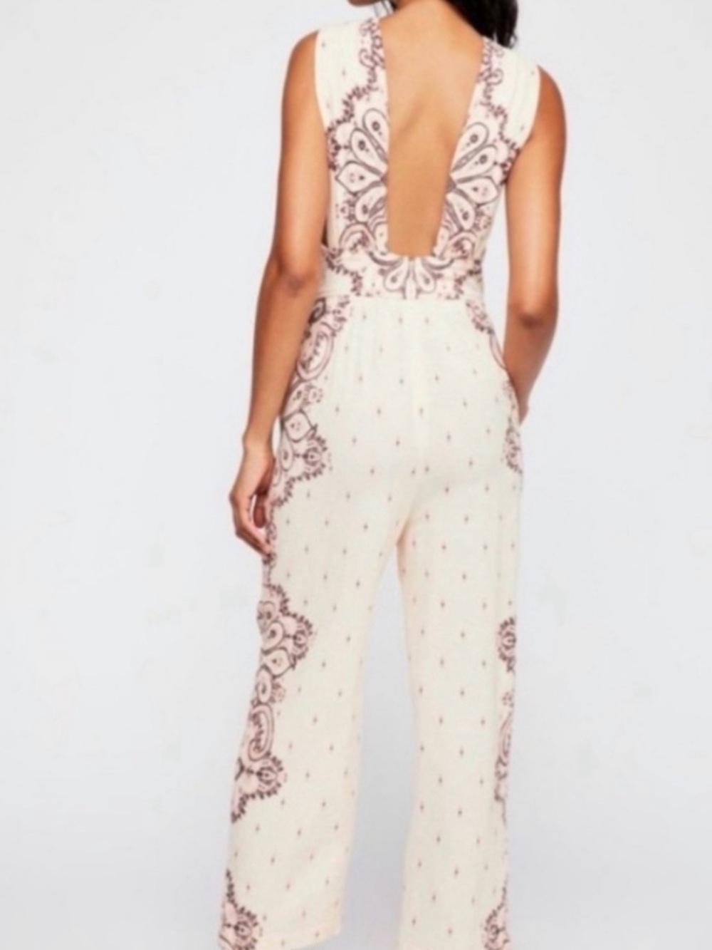 Free People Cream Sleeveless Jumpsuit with Brown Paisley Accents - Picture 3 of 5